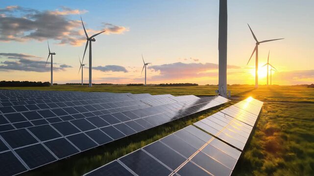 Renewable energy landscape with solar panels and wind turbines at sunset - Powered by Adobe