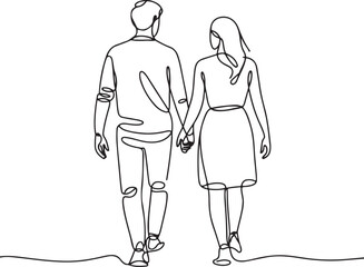 Continuous Line Art Illustration of Couple Walking Hand in Hand