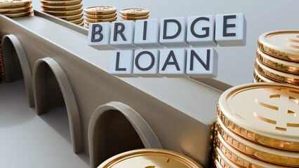 A 3D rendering of an arching golden bridge connecting two large stacks of gold coins (foundation/collateral). Above, letter tiles spell 