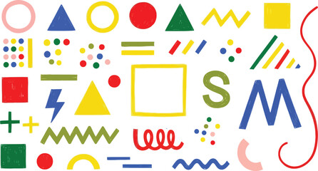 Colorful geometric shapes and lines pattern on white background