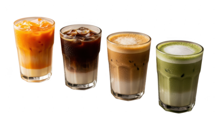 Four glasses of iced coffee and tea isolated on transparent background refreshing summer drinks with milk, latte, matcha, and thai tea for a delicious and diverse beverage selection