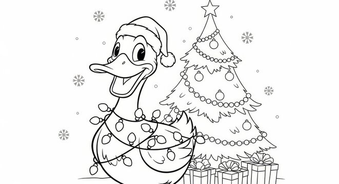 Christmas Duck with Santa Hat and Decorated Tree for Coloring Fun