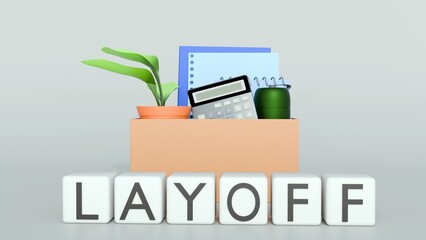 A 3D rendering illustrating the concept of a layoff or job loss. a standard cardboard moving box filled with typical office items, a sudden departure from a workplace. 