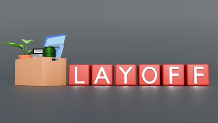 A 3D rendering illustrating the concept of a layoff or job loss. a standard cardboard moving box filled with typical office items, a sudden departure from a workplace. 