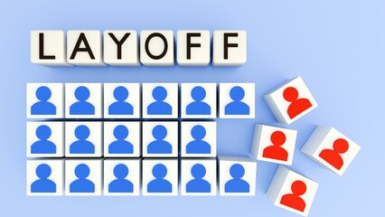 3D rendering of white cube grid with blue person silhouettes turn red and drift away, symbolizing layoff transition from active staff to detached former employees.	