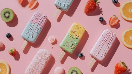Minimal summer concept with colorful frozen popsicle placed on pastel pink backdrop, flat lay composition --ar 16:9