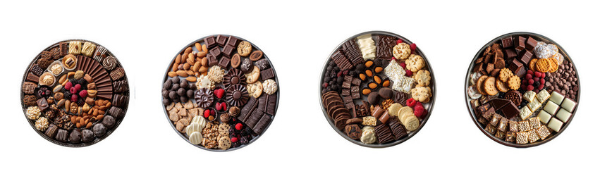 Fototapeta premium Four platters of assorted nuts, dried fruits, and chocolates isolated on transparent background, offering a variety of flavors and textures for snacking