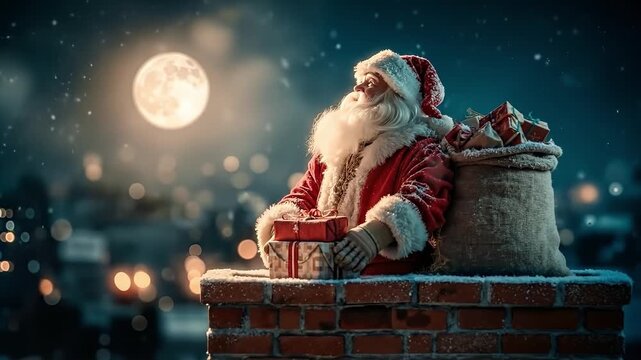 A santa claus sitting on top of a brick chimney with presents