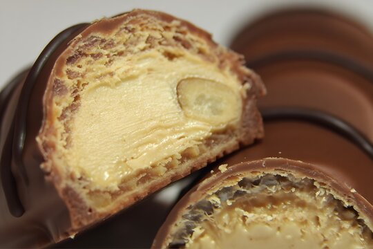 Close up of a kinder bueno chocolate bar with hazelnut cream filling and chocolate coating