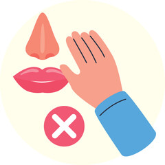 Illustration Of A Hand Covering A Mouth And Lips With A Red Cross Symbol Indicating Do Not Speak Or Keep Secret In A Simple Flat Design Style With A Light Yellow Circle Background And Transparent