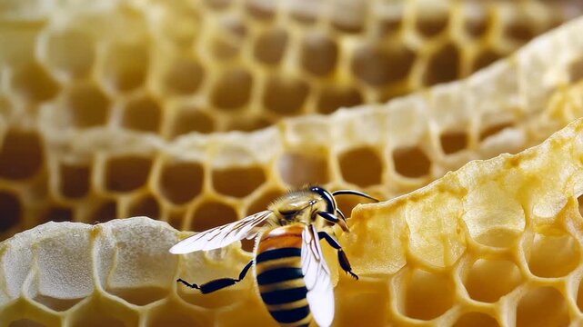Honeycomb displays its intricate structure as a bee moves across the surface, collecting nectar. Sunlight highlights the golden wax, creating a vibrant scene in nature.