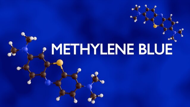 A 3D ball-and-stick model of the Methylene Blue molecule (Methylthioninium Chloride), in a blue background. A heterocyclic aromatic compound and an organic dye.