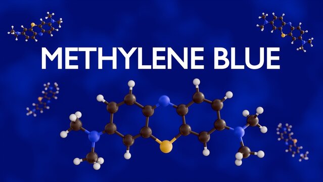 A 3D ball-and-stick model of the Methylene Blue molecule (Methylthioninium Chloride), in a blue background. A heterocyclic aromatic compound and an organic dye.
