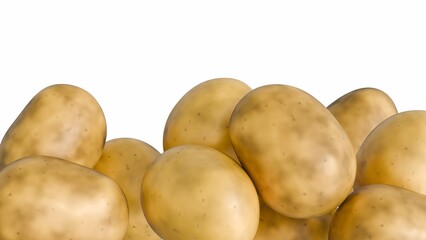 A 3d rendering of several whole, unpeeled potatoes. It suggests themes of freshness, harvest, culinary ingredients, or even the process of sorting and handling potatoes.