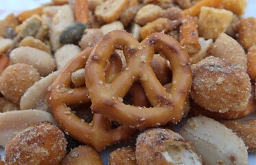 Salty pretzel snack mix with peanuts and cereal
