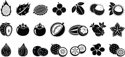 Collection of exotic fruit icons, including dragon fruit, lychee, mangosteen, rambutan, and star fruit