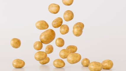 A 3d rendering of several whole, unpeeled potatoes. It suggests themes of freshness, harvest, culinary ingredients, or even the process of sorting and handling potatoes.