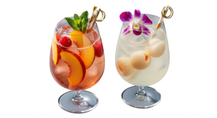 Two refreshing cocktails isolated on transparent background, one with peach, raspberry, and mint, the other with lychee and orchid, perfect for a summer party or a tropical getaway
