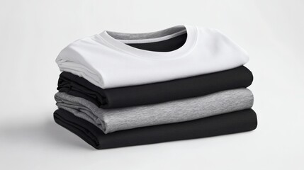 Stacking pile of folded blank black, grey, gray, and white t-shirts with a round neck and a white background cutout. A mockup template for graphic design artwork,

