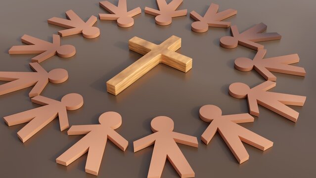 A 3d rendering of Christian cross is centered, surrounded by human figures arranged in a radial circle. This symbolizes a community united by faith.