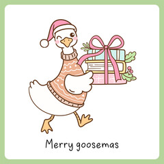 Draw vector cute silly goose holding book Merry christmas Bookish lover Doodle cartoon