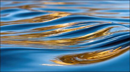 Blue water surface with smooth flowing waves reflecting golden sunlight shimmering ripples close-up natural pattern abstract movement liquid texture background fresh