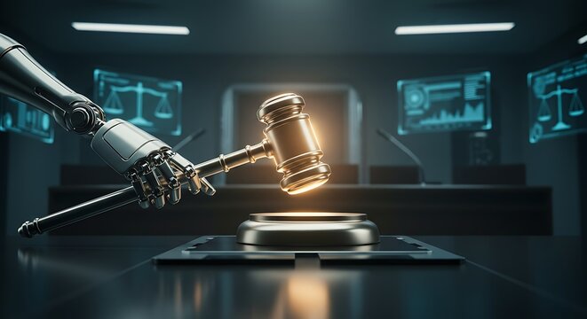 Futuristic courtroom scene with a robotic arm holding a glowing gavel above a metallic podium