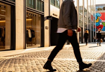 successful young executive in suit walking through city business district