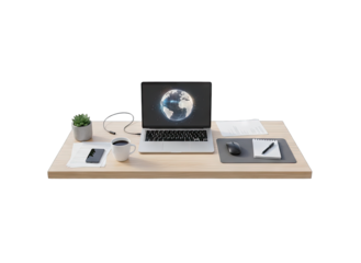 A Modern Office Desk Setup Featuring a Laptop Displaying a Digital Globe A Smartphone And a Coffee Mug On A Light Wood Surface With A Small Potted Plant