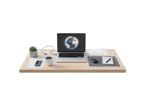 A Modern Office Desk Setup Featuring a Laptop Displaying a Digital Globe A Smartphone And a Coffee Mug On A Light Wood Surface With A Small Potted Plant