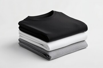 Stacking pile of folded blank black, grey, gray, and white t-shirts with a round neck and a white background cutout. A mockup template for graphic design artwork,
