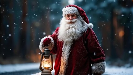 A man dressed as Santa Claus holding a lantern in the snow - Powered by Adobe