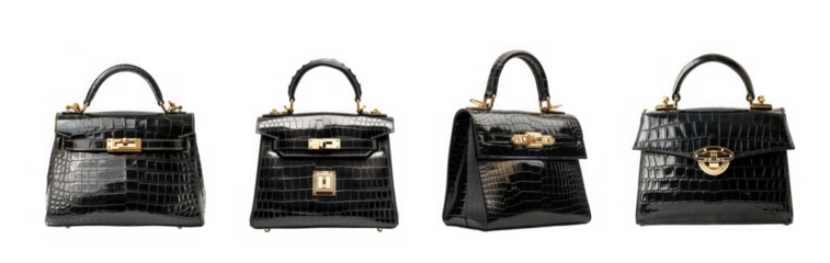 Four elegant black sequined handbags isolated on transparent background, showcasing a luxurious and glamorous accessory for fashionconscious individuals