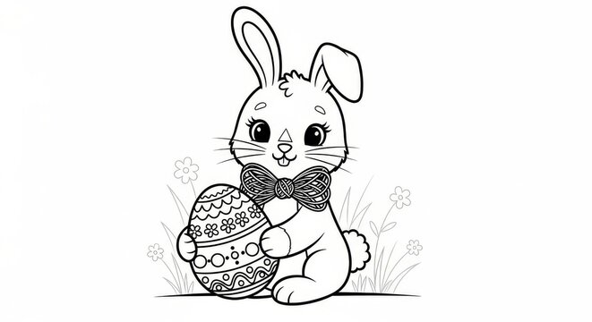 Cute Bunny with Easter Egg Hand-Drawn Coloring Page for Kids