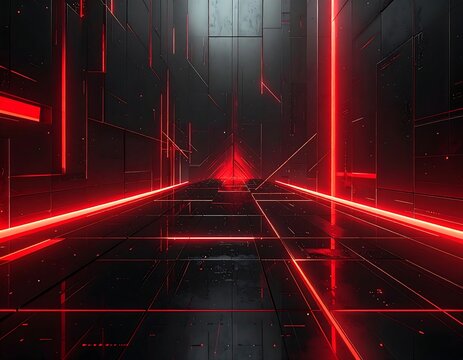 Futuristic corridor with red neon lines against a dark textured metal background