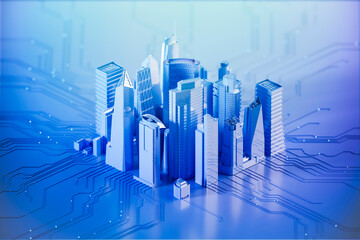 3D smart city skyline over digital circuit network