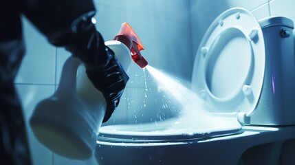 Cleaning a toilet with spray cleaner.
