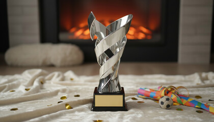 A shiny silver trophy sits in front of a warm fireplace, celebrating victory.