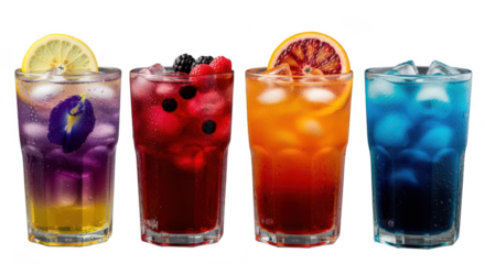 Four colorful iced drinks with fruit slices isolated on transparent background refreshing summer beverages with lemon, berries, orange, and butterfly pea flower for a vibrant and healthy treat