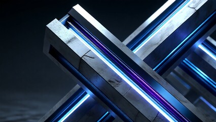 Obraz premium Futuristic neon-lit metallic structure with purple blue glowing lines for tech corporate presentation background, website hero image, or UI mockup with copy space for text