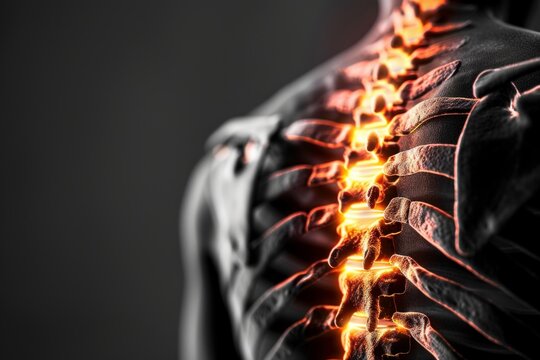 Spinal cord injury causing back pain highlighted in orange on anatomical model of human spine - Powered by Adobe
