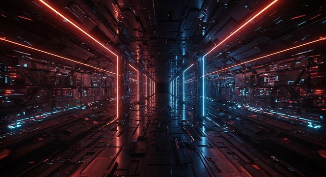Futuristic, dark tunnel with neon lines and intricate tech details on walls. Reflective floor