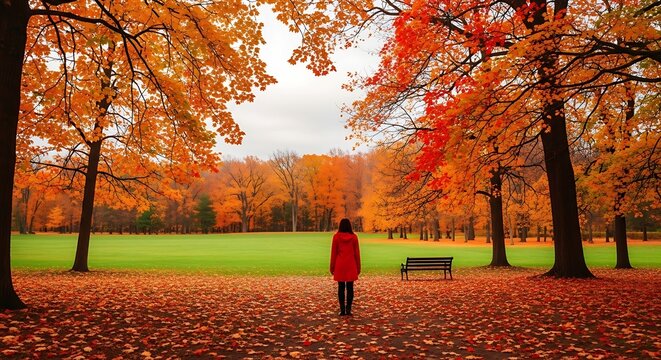 A person in a red coat stands in a park facing a green field. Trees with orange leaves line the path