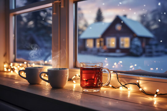 Winter window scene of warm drinks overlooking snow covered cottage with string lights at dusk - Powered by Adobe