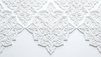 Stunning white decorative element featuring a traditional Thai Lai Kranok pattern. The intricate bas-relief creates a beautiful, frosty, snowflake-like design for a cultural background
