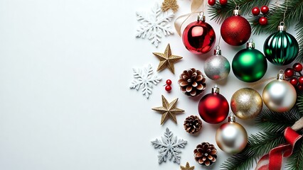 Festive Christmas Ornaments and Decorations, Including Shiny Red, Green, and Gold Baubles, Pine Cones, and Snowflakes, Arranged on a White Background for Holiday Season Celebrations