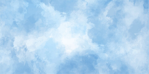 Blue sky with fluffy white cumulus clouds on a clear summer day showing a natural cloudscape and clear atmosphere. Abstract blue watercolor background. White and blue mixed watercolor painted leaks