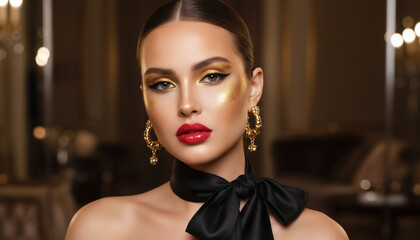Portrait of a woman with dramatic makeup, wearing a black bow and gold earrings.