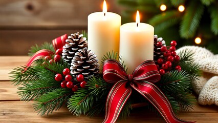 Warm Glow Festive Candle Arrangement with Pine and Berries, Ideal for Winter Celebrations and Seasonal Decor on Wood Background