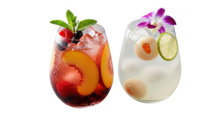 Two refreshing cocktails isolated on transparent background, one with peach, berries, and mint, the other with lychee, lime, and orchid, perfect for a summer party